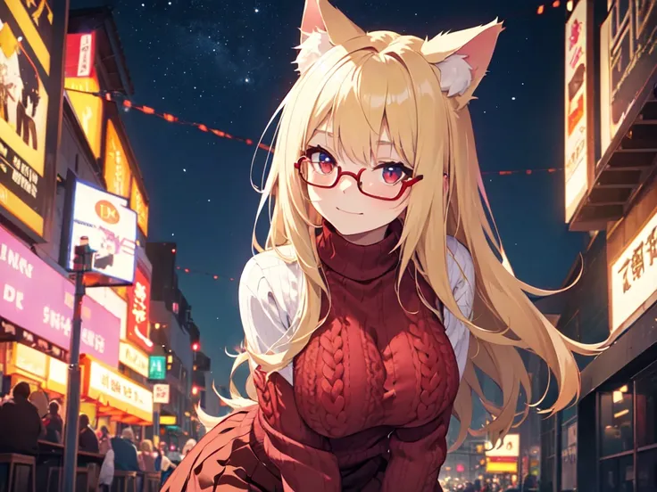 solo、alone、woman、Cat ears、Big Breasts、Kneeling and bending forward、Mature Woman、(Wearing pink glasses)、Cheek makeup、(Red Cable knit sweater)、Long skirt、Starry Sky、Night Sky、Strong winds、Center of chest、Smug face、Blonde、Long Hair、Red Eye、Half Twin、Cut-in、UH...