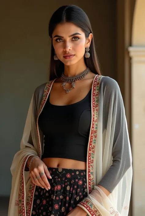 A women wearing tight plain black top full sleeves, black ethnic skirt and white embroidered gujrati pattern dupatta make the dupatta more colorful  but with majority of white and embroided , add some oxidized choker and heavy earrings