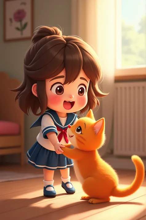 Emma and Whiskers enjoying playtime, with Emma’s uniform and Whiskers’ orange fur prominently visible, showing their close bond. Animated