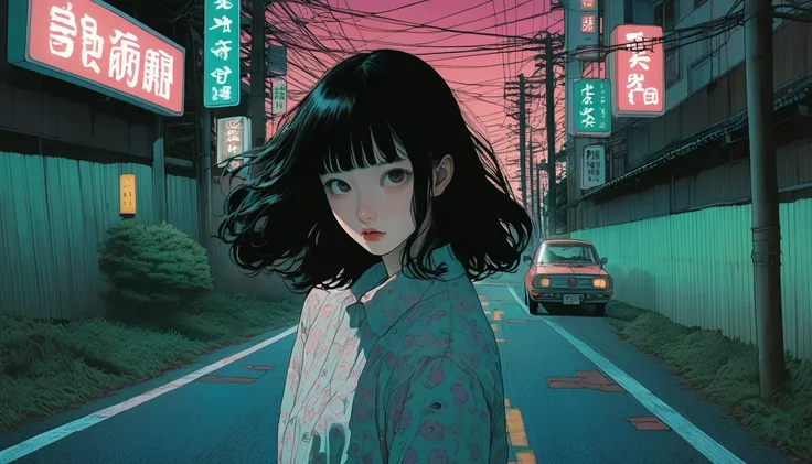 Illustration、art、Horror, Supervised by Junji Ito、Attention to detail, Realistic shadows、Analog Style, chromatic aberration, Surrealism、Night road、signal machine、Bakemonogatari