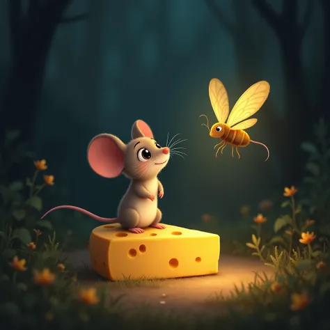 Image of a mouse showing gratitude to a firefly for showing him the way sitting on cheese