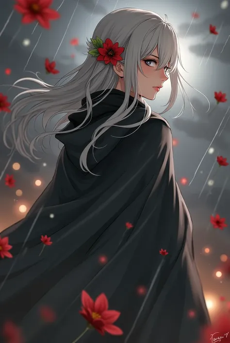 1girl,solo,1girl,solo,((beautiful detailed eyes)), (detailed light),depth of field,(white hair),silver eyes,hair over one eye,(red flower ), hair flower,long hair,black cloak,wet,emotionless,looking back,night,starfall,raining,fog,red flowers falling,sketc...