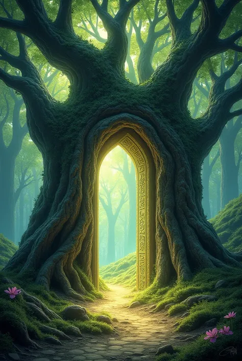 Book Cover Art with Theme The Door Beyond Midgard (tree connecting to other ports of other trees ) with title " The Door Beyond Midgard" 