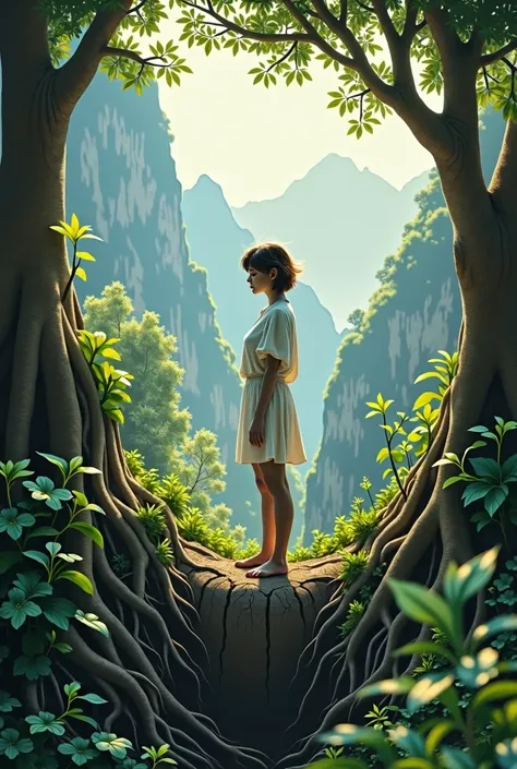 Hello! I need an image with mountains, a woman with short brown hair, representing nature emerging from a crack in the ground between roots and trees,  amidst the green of moss and plants. The following text must compose the image, "That the entrails of T(...