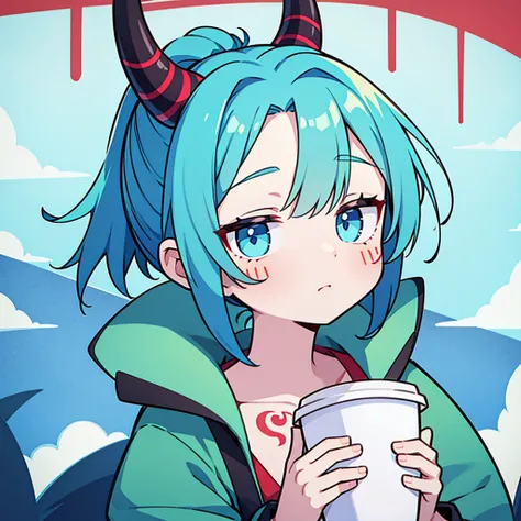 One girl, She is holding a cup of coffee and looking up

she has aqua blue eyes, aqua blue hair cut in a short bob and tied in a ponytail, two red horns growing out of the sides of her head, and red tattoos all over her body.