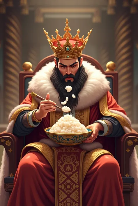 create a logo of a main person with a crown eating sticky rice with milk