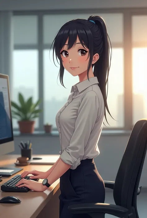 A female office worker in a management position, with her black hair tied up in a ponytail, a kind-looking lady