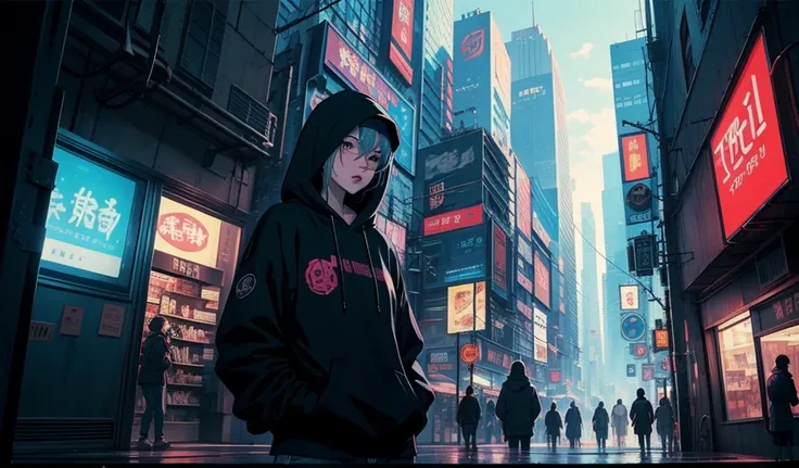 (Top quality)(masterpiece)(Very delicate writing)
(80s style anime),Cyberpunk World.nitecity,One cool woman,Muscular,
,All-black,Hoodie,model pause,