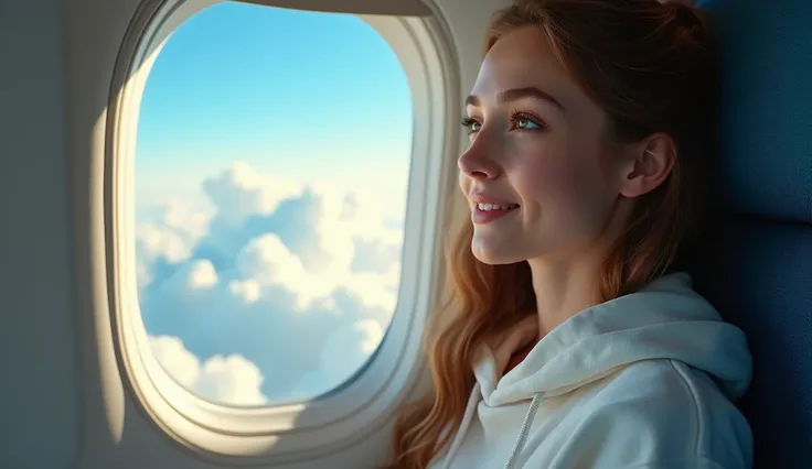 ((Best quality)), ((cinematic)), ((high resolution)),(Detailed), semi side view, medium shot, 1girl, looking at the plane window, smiling, white skin, brown long wavy hair, brown eyes, white hoodie, blue jeans, white shoes, sitting, blue plane seat, plane ...