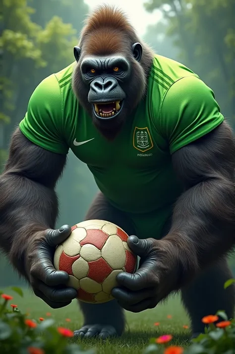 An angry gorilla wearing green goalkeeper shirt while holding the soccer ball