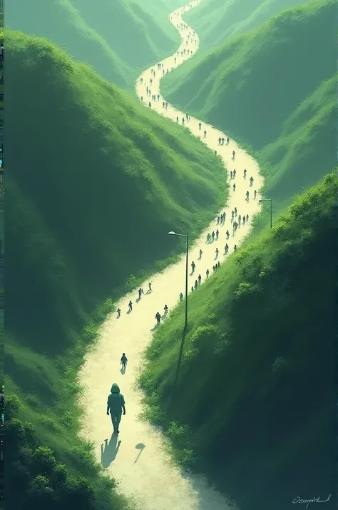 There are two paths in the image, the one on the right has a crowd of people following it, on the path on the left there is only one person, I want it to be a 2D top view