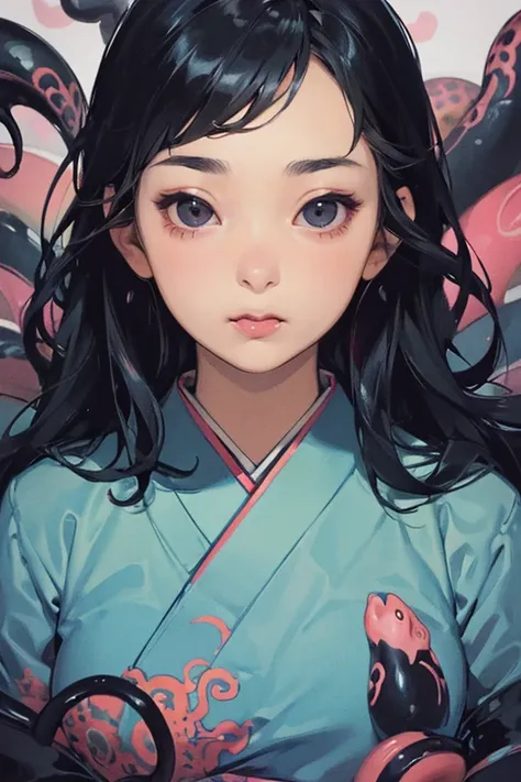 ((Best Quality)), ((masterpiece)), (detailed), Japanese,Young Girl,Glaring,Front face,Wearing a kimono,The girl has her mouth open and her tongue out, licking the tentacles,Black Eyes,Black Hair,The hair is parted in the middle,Long tentacles entering the ...