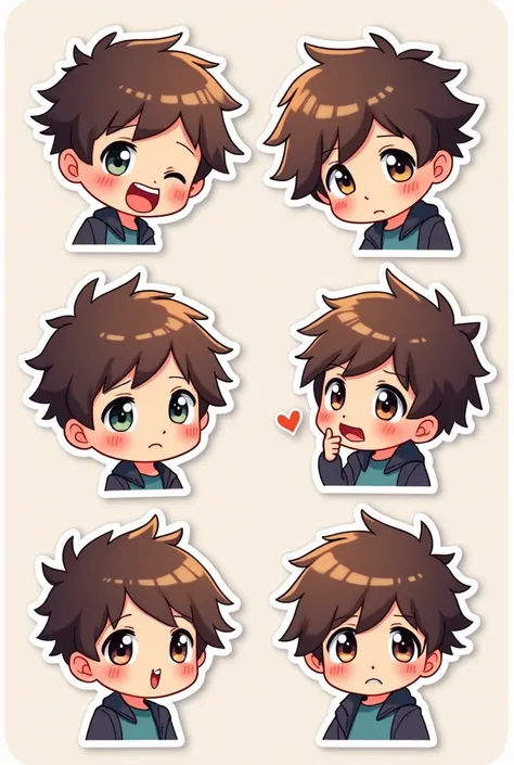 Illustrated stickers for twitch for a boy, head and shoulder only, chibi anime style, brown hair, kiss 