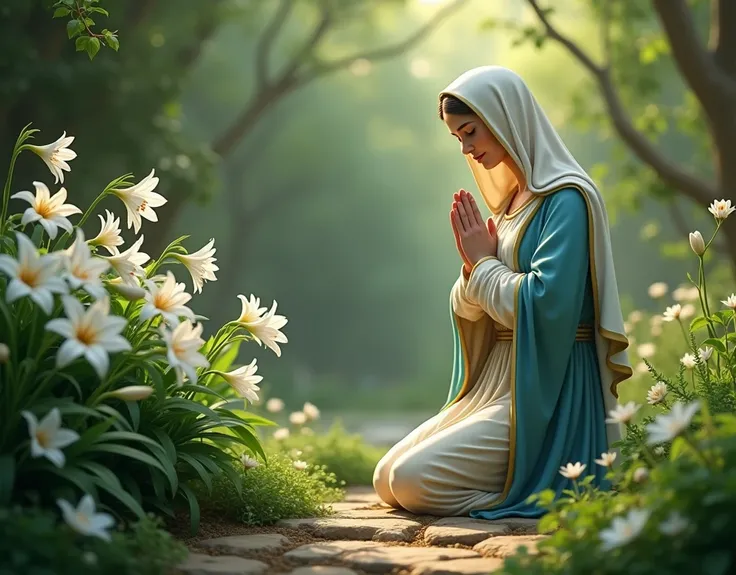 Beautiful Virgin Mary kneeling and praying in a garden。White lilies are blooming in the garden