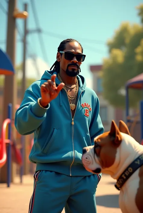 best shot, dramatic scenes, Snoop Dogg wear Blue Bandana Tracksuit with sunglass pointing at British Bulldog, in day playground, realistic, 3d animation