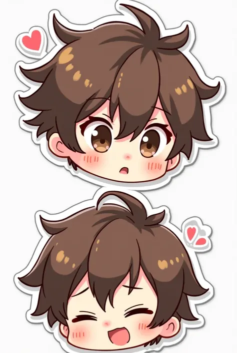 Illustrated stickers for twitch for a boy, head and shoulder only, chibi anime style, brown hair, kiss 