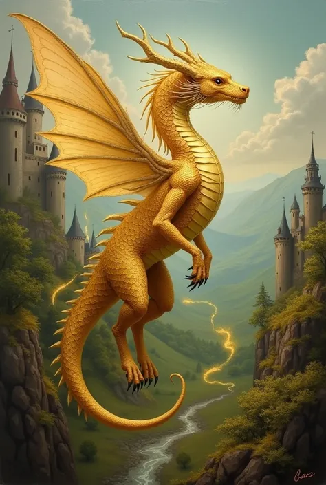 Painting golden dragon fairy medieval fantasy creature 