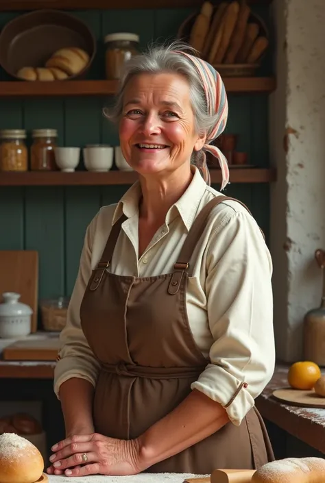 Baker, Woman, Russian, in work clothes, smiles