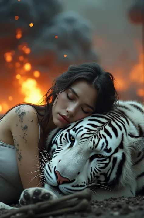 white tiger, burning fire and plumes of black smoke and explosions in the background, beautiful young woman sleeping on tiger&#39;s back, woman lying on her back, asap, tiger eyes shine, beautiful silver white coat, the soot woman on top,