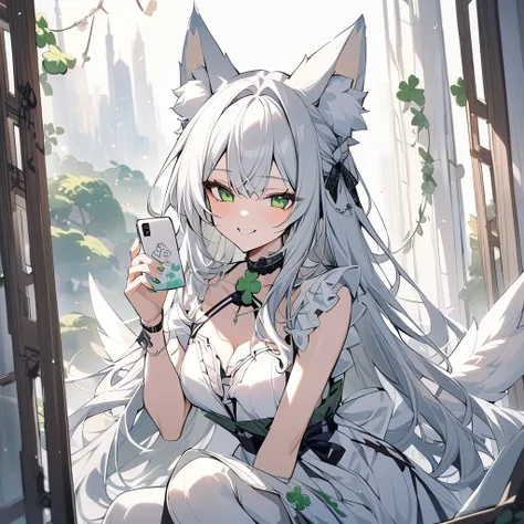 ,vtuber playing mobile game々）,green eyes, clover shaped choker, (masterpiece, highest quality), clover art, beautiful and aesthetic: 1.2), (1 girl), very detailed, (clover art: 1.3), playing mobile game、white long  hair、fox ears、 whole body, angel wings, w...