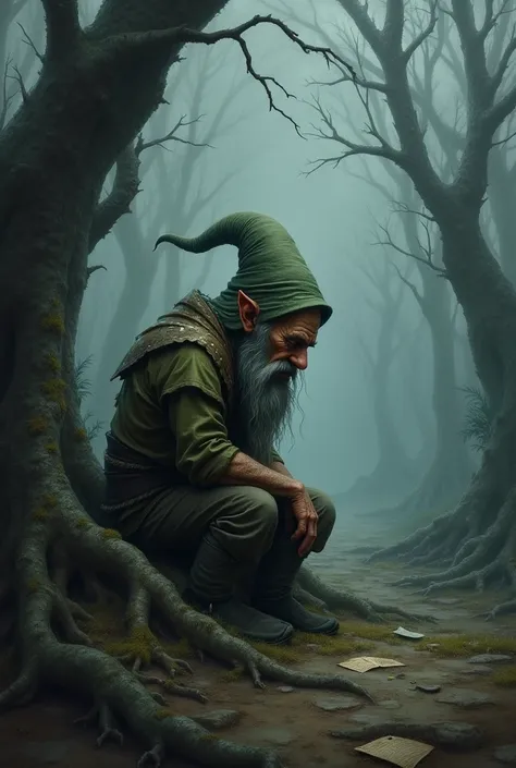 Make a dark fantasy gnome sitting all alone with a sad look on his face