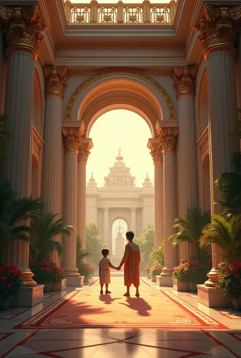 The Visit to the Palace:Scene: The grand entrance of an opulent palace with lush gardens and ornate architecture. The poor boy gazes in awe as the rich boy proudly shows him around. The contrast between the two boys’ surroundings is striking