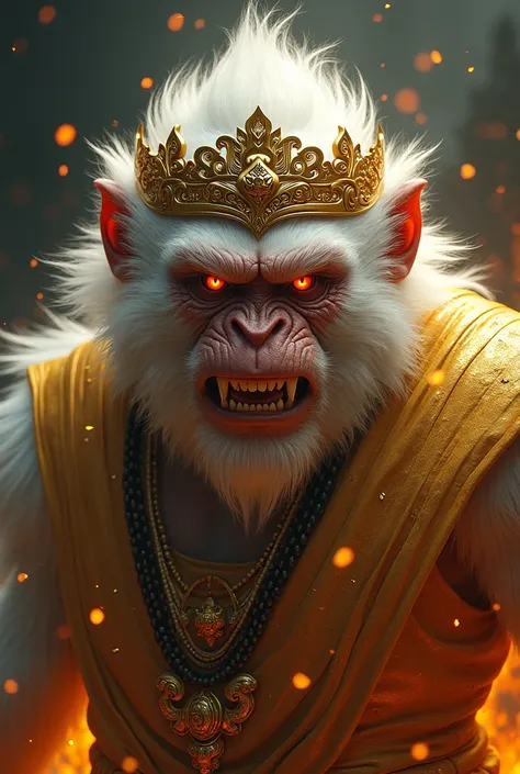 Draw the face of Hanoman Obong, a slightly larger, dashing royal figure., white monkey from Javanese mythology, with a sharp and angry look. His red eyes burned with incredible intensity., reflects strength and courage. Her face looks partially burned, wit...