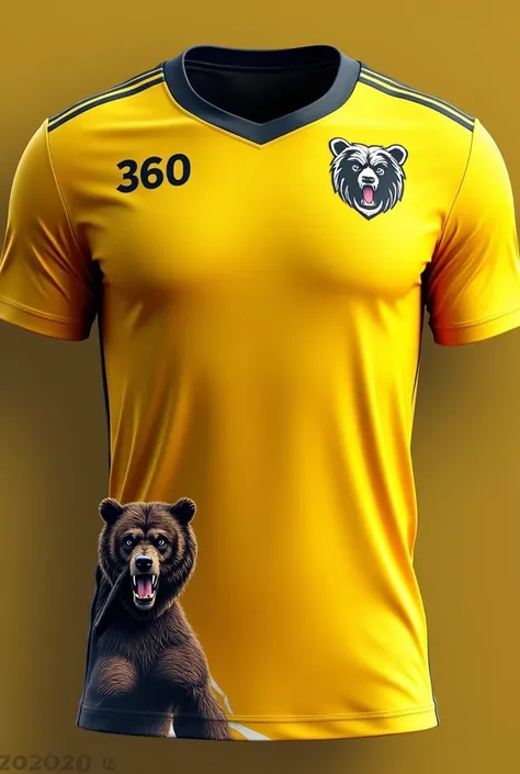 make a yellow football shirt without being yellow American with the small number 360 in the upper right corner and not in the middle. and in the lower left corner of the shirt the intimidating bear mascot, and in the upper left corner a mini bear emblem wi...