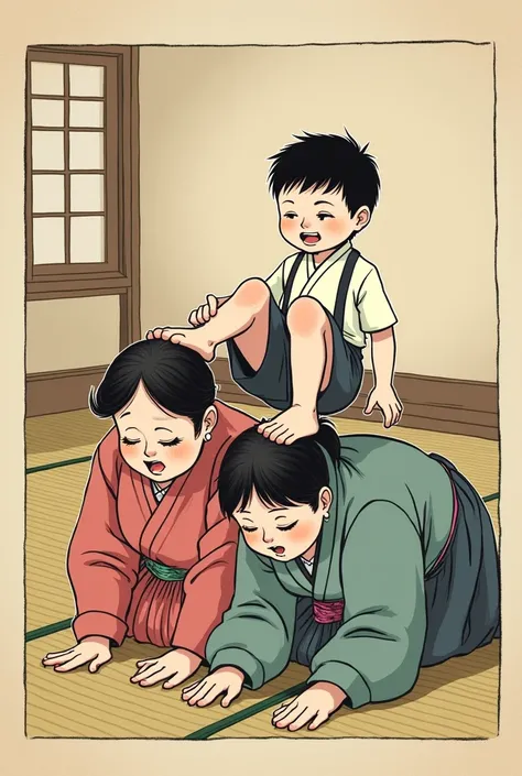 Boy using his dogeza mother and aunt head like a footstool 