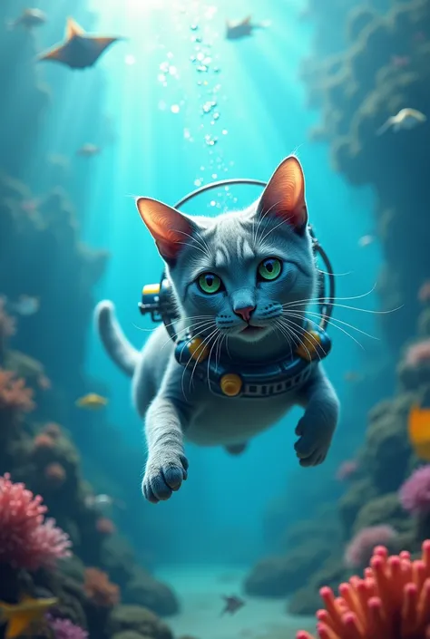 Russian blue cat diving with oxygen tank