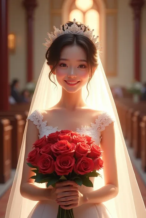 A korean woman wearing white wedding dress, and a veil, holding red roses bouquet, smiling towards the camera, the background should be inside the church, realistic, in warm colors