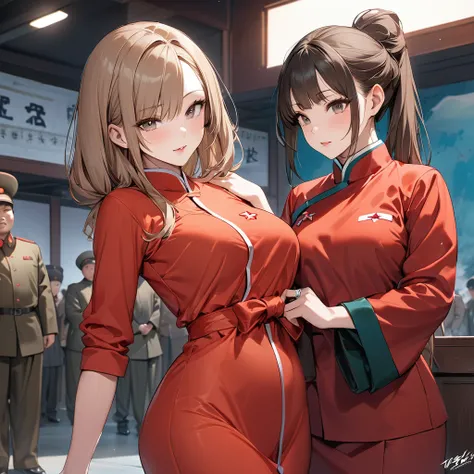 ((Best Quality)), ((masterpiece)), (detailed), （Perfect Face）、The woman is Yuuki Asuna, a beautiful Japanese woman with light brown hair, beautiful proportions and an engagement ring.、The woman is wearing a North Korean Mao suit and has naturalized in Nort...