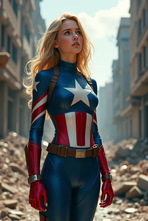 a teenage girl with blue eyes and blond hair looking up the sky, dressed in a wet leotard with colors of captain america and nothing else, standing on a destroyed street, slight cameltoe and nips through the leotard
