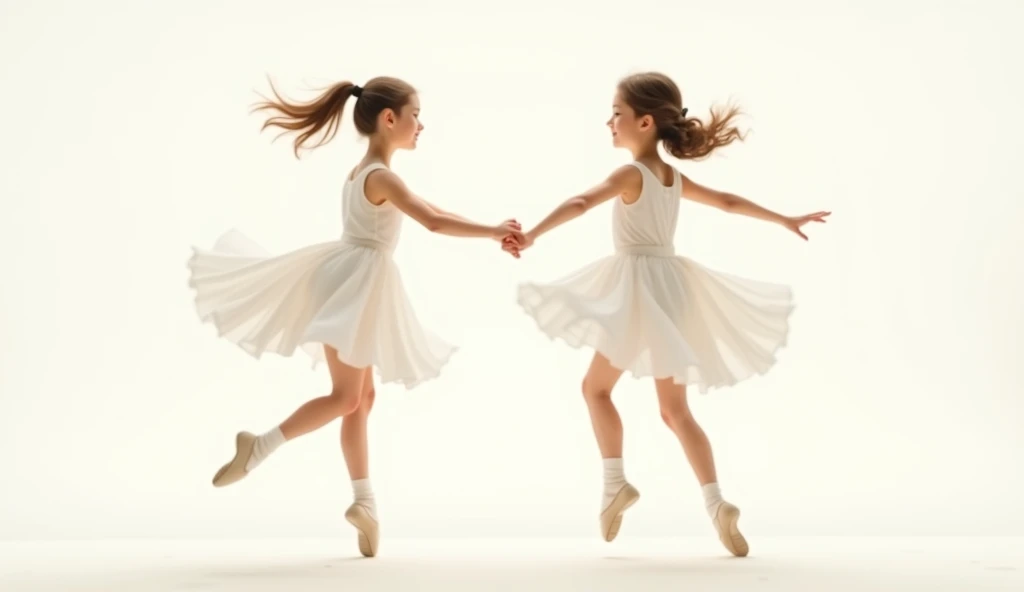  Two young girls holding hands wearing white dresses dancing ballet in minimalist style