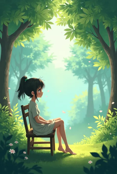 girl sitting on chair in free land full of trees 
anime