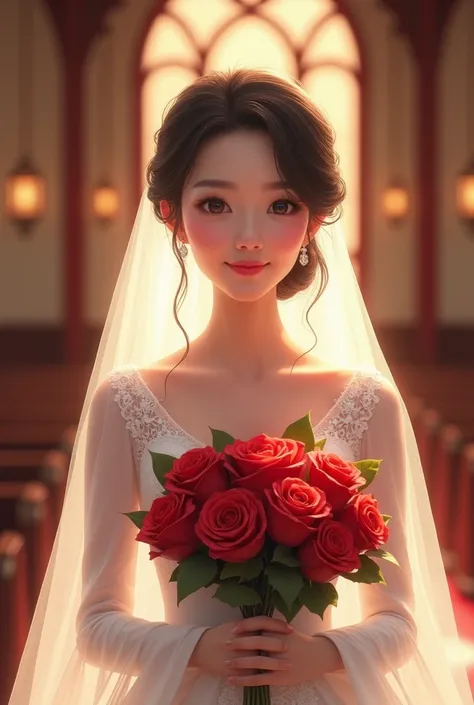 A korean woman wearing white wedding dress, and a veil, holding red roses bouquet, smiling towards the camera, the background should be inside the church, realistic, in warm colors