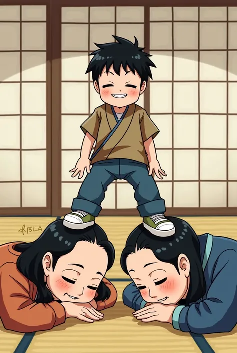 Boy using his dogeza mother and aunt head like a footstool 