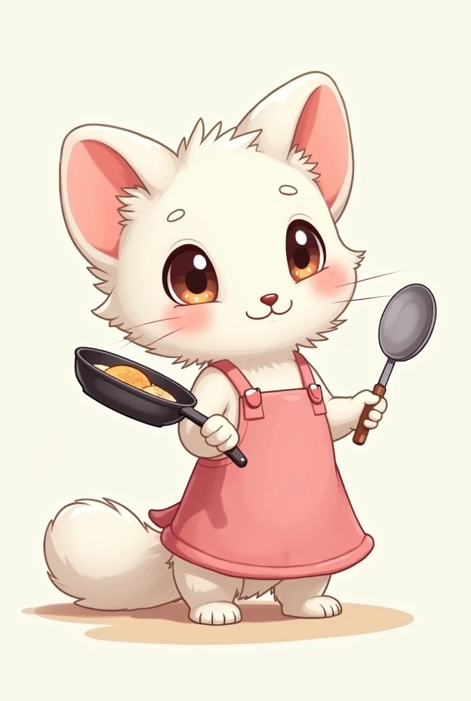 A cute ermine with fluffy white fur and eyes wearing a pink apron、Stand up the frying pan and ladle、Holding up、Line Stamp Specification