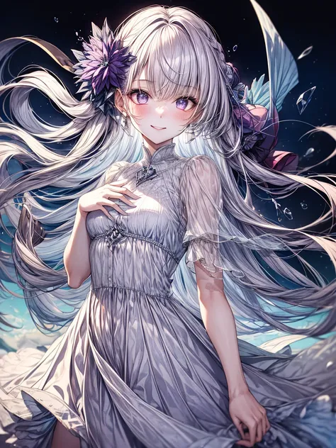 (((A girl made of transparent ice, (A transparent ice world, a transparent ice girl,)))), (((Young girl wearing a white tiered dress)))), BREAK, ((Young ice girl)), (Solo), BREAK, ((Transparent Hair)), Long hair, Very long hair, Extremely long hair, Longes...