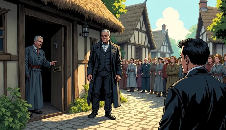 In comic style without bubble 
"A bustling village scene with stone-paved paths and rustic wooden houses. In the foreground, Richard, a tall, intimidating figure dressed in dark, formal clothing with a long coat, stands confidently, knocking loudly on the ...