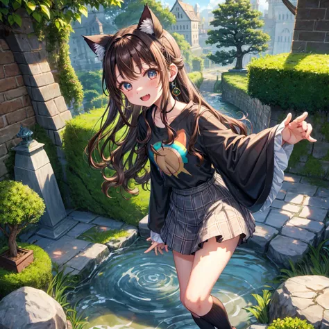 Rainbow brown hair、Rainbow Eyes、Wavy Hair、Hair tied up、Two cute、Checked mini skirt、Black T-shirt、Cat Ear Robe、Black knee-high socks、Headband、Teeth are visible、Monster Castle、Tilting face、lawn、In front of the city gates、Underground tunnels、The stone is crac...