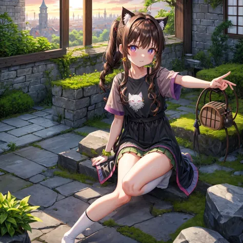 Rainbow brown hair、Rainbow Eyes、Wavy Hair、Hair tied up、Two cute、Checked mini skirt、Black T-shirt、Cat Ear Robe、Black knee-high socks、Headband、Teeth are visible、Monster Castle、Tilting face、lawn、In front of the city gates、Underground tunnels、The stone is crac...