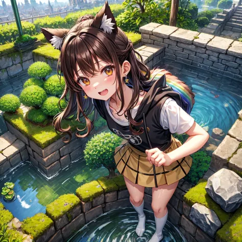 Rainbow brown hair、Rainbow Eyes、Wavy Hair、Hair tied up、Two cute、Checked mini skirt、Black T-shirt、Cat Ear Robe、Black knee-high socks、Headband、Teeth are visible、Monster Castle、Tilting face、lawn、In front of the city gates、Underground tunnels、The stone is crac...