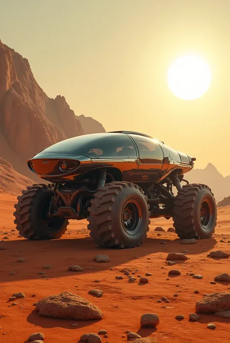 Aerodynamic vehicle, with a pressurized cabin to withstand the oxygen-free atmosphere.

Made with lightweight materials that are ultra-resistant to intense heat, reflecting proximity to the Sun.

Tires adapted for mountainous and rocky terrain, with reinfo...