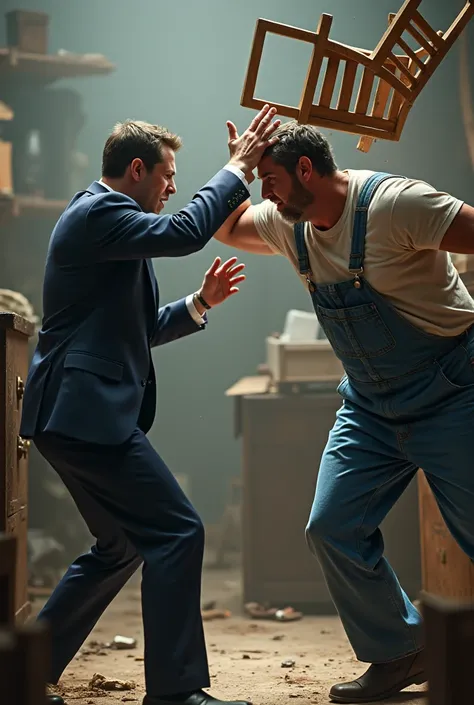 A man in a suit hitting a black chair, on the head of another man in blue overalls. The two fight with chairs on their heads