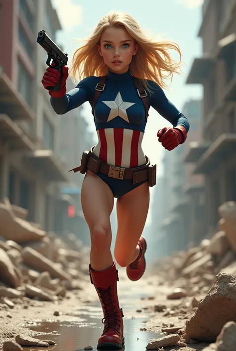 a young adolescent teenage girl with blue eyes and blond hair running into battle, dressed in a leotard with colors of captain america and nothing else, standing on a destroyed street, bare legs and red combat boots, slight cameltoe and nips through the le...