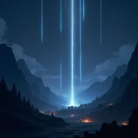 Create a scene where stars fall under a mountain , with its lights blending with the shadows and buildings and creating dramatic contrast. Each stele must shine brightly, creating a trail in the scenery around you that transforms you. Show how falling star...