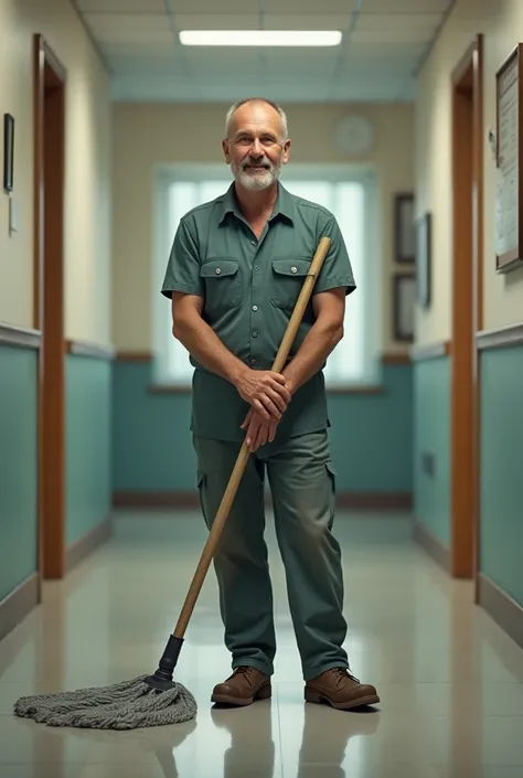 cleaner with a mop, man, Russian, in work clothes, smiles