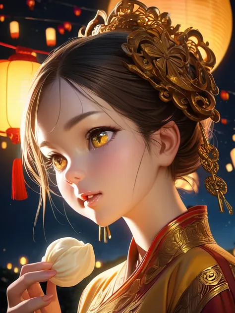 1girl, beautiful detailed eyes, beautiful detailed lips, extremely detailed face, long eyelashes, eating dumplings, Mid-Autumn Festival, moon, night sky, lanterns, red and gold color scheme, warm lighting, intricate details, ornate decorations, photorealis...