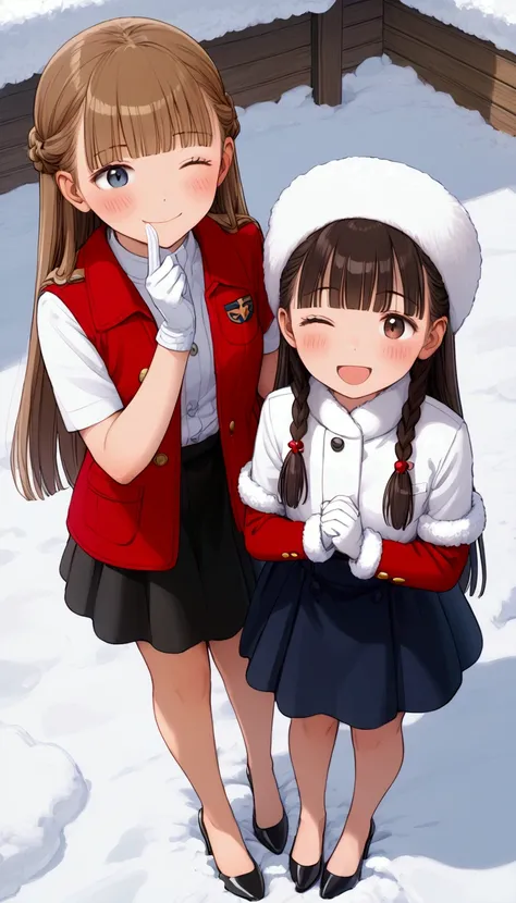 {Best Quality}, {Very beautiful},{Ultra fine},{Best illustration},Brown Hair,Hime cut,Long Hair,Braids,Standing Woman,Woman guarding,Adult women,smile,Excited face,Wink,Uniform cap,White Shirt,Short sleeve,long black skirt,White gloves,Around town,winter祭り...